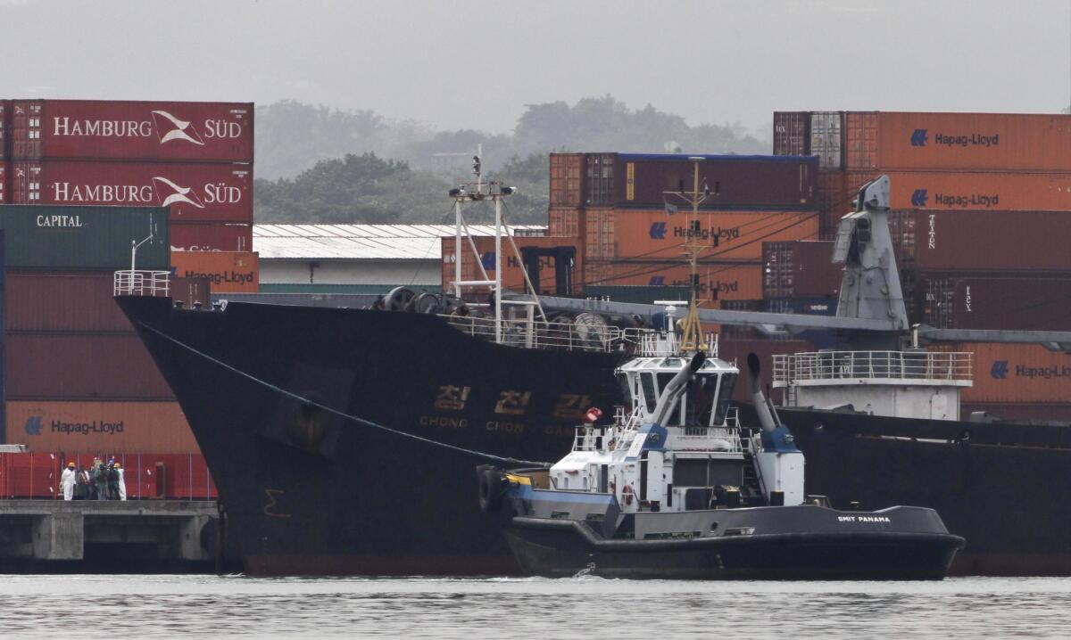 The North Korean-flagged cargo ship Chong Chon Gang docked at the container terminal at Colon City, Panama, on July 16. The ship caught carrying contraband weapons components from Cuba to North Korea will be allowed to return home soon.