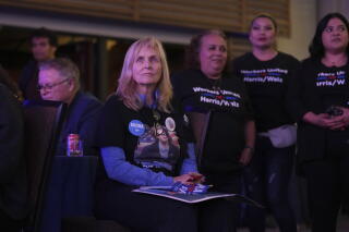 People with pro-Harris campaign garb gather