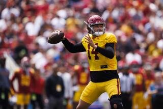 LOS ANGELES, CALIFORNIA - APRIL 20: Jayden Maiava #14 of the USC Trojans throws during the spring football game at United Airlines Field at the Los Angeles Memorial Coliseum on April 20, 2024 in Los Angeles, California. (Photo by Ric Tapia/Getty Images)