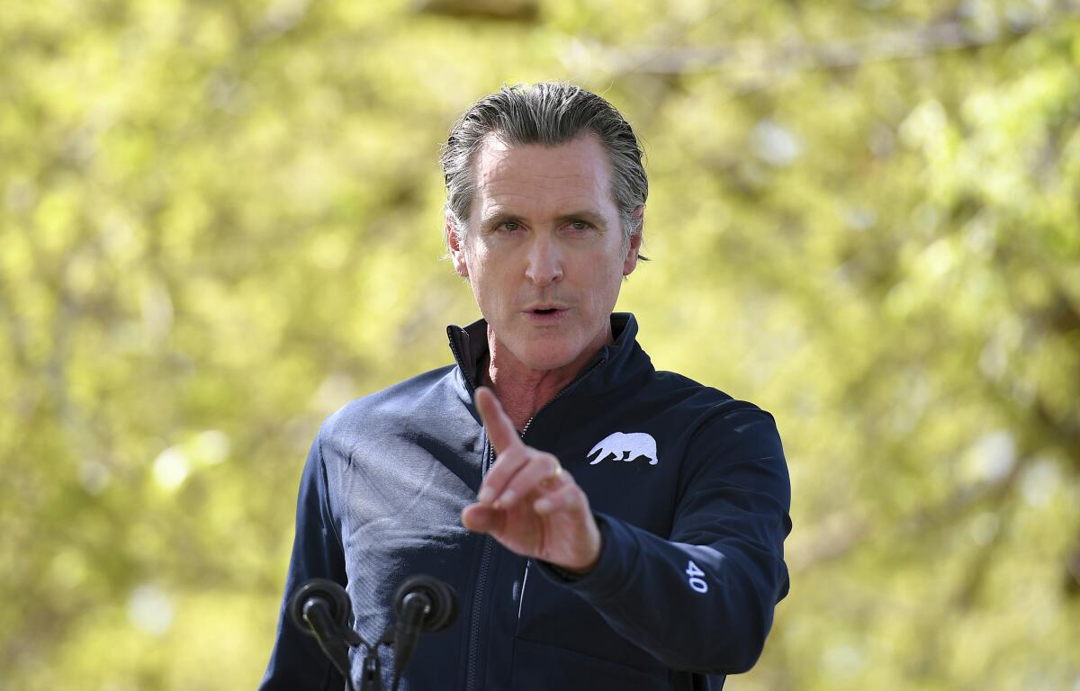 Gov. Gavin Newsom, outdoors against a backdrop of trees, gestures with an index finger as he speaks.