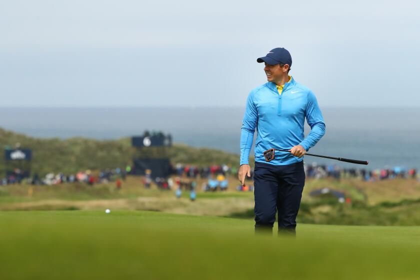 Rory McIlroy approaches the green during a practice round for the 148th Open Championship at Royal Portrush Golf Club on July 17, 2019.