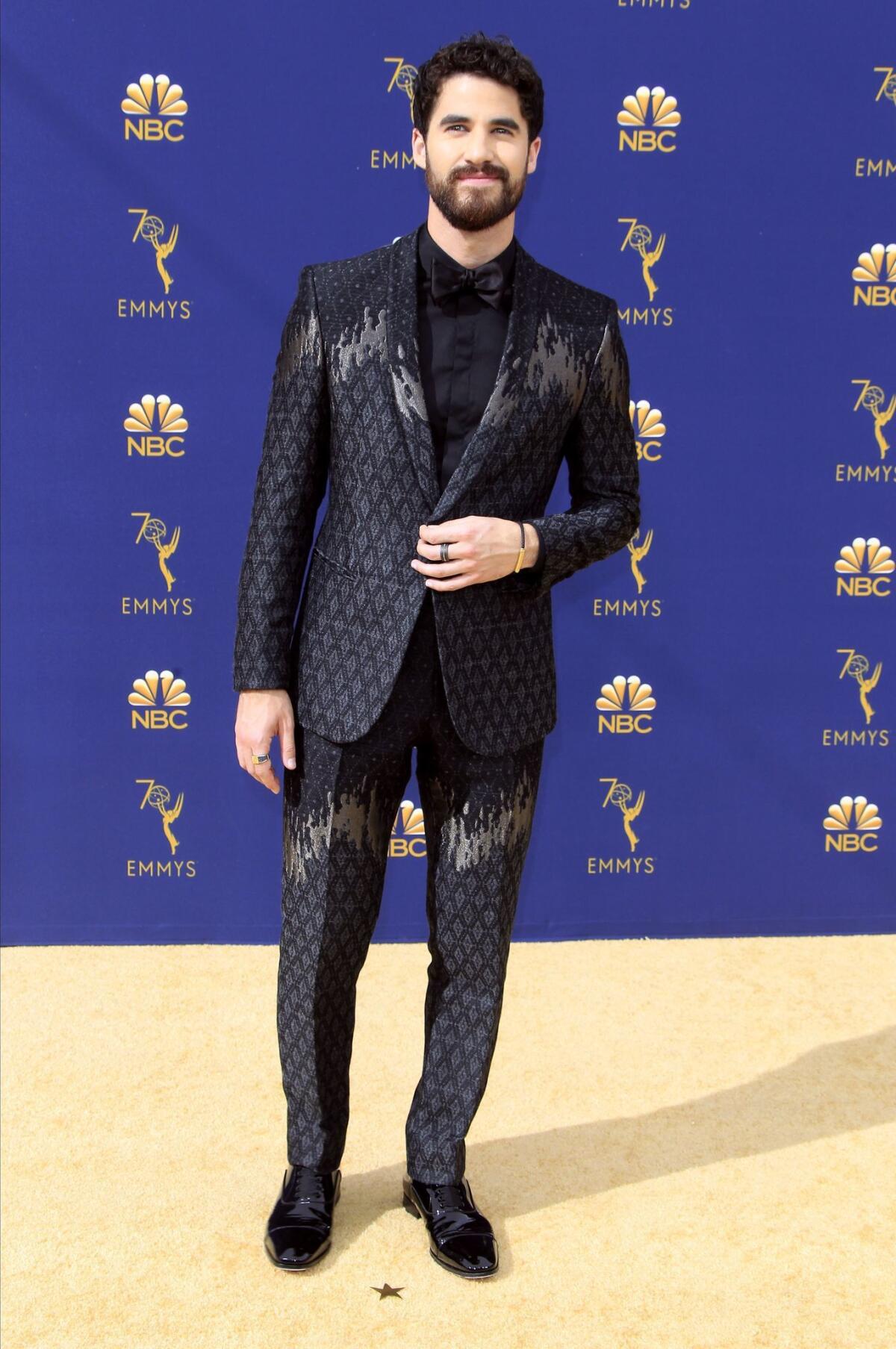 Darren Criss arrives for the 70th Primetime Emmy Awards wearing Emporio Armani.