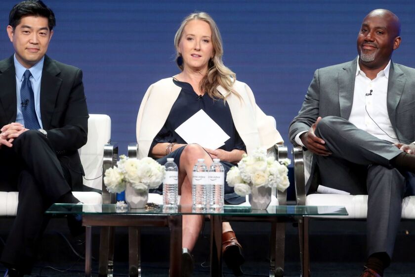 BEVERLY HILLS, CA - JULY 28: (L-R) Co-Head of Television at Amazon Studios Albert Cheng, Head of Amazon Studios Jennifer Salke, and Co-Head of Television at Amazon Studios Vernon Sanders speak onstage during the Amazon Studios portion of the Summer 2018 TCA Press Tour at The Beverly Hilton Hotel on July 28, 2018 in Beverly Hills, California. (Photo by Frederick M. Brown/Getty Images) ** OUTS - ELSENT, FPG, CM - OUTS * NM, PH, VA if sourced by CT, LA or MoD **