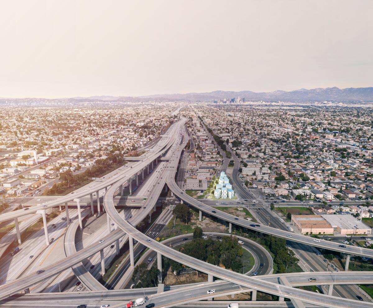 A rendering shows the vast L.A. landscape and a housing development at the intersection of the 110 and 105 freeways