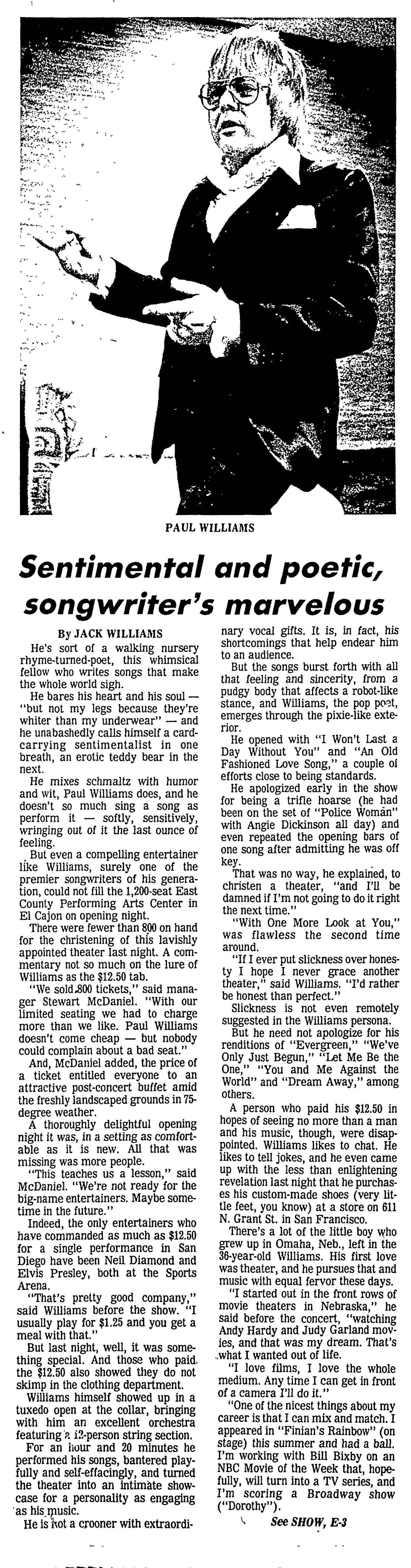 Jack Williams review of singer-songwriter Paul Williams, published in the Evening Tribune, Friday, Sept. 9, 1977.