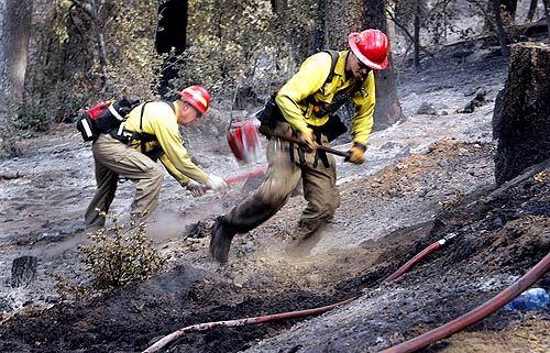 Crews from Oregon working on the Poomacha in north San Diego county fire sift through the ash with their shovels looking for hot spots on Palomar Mountain.