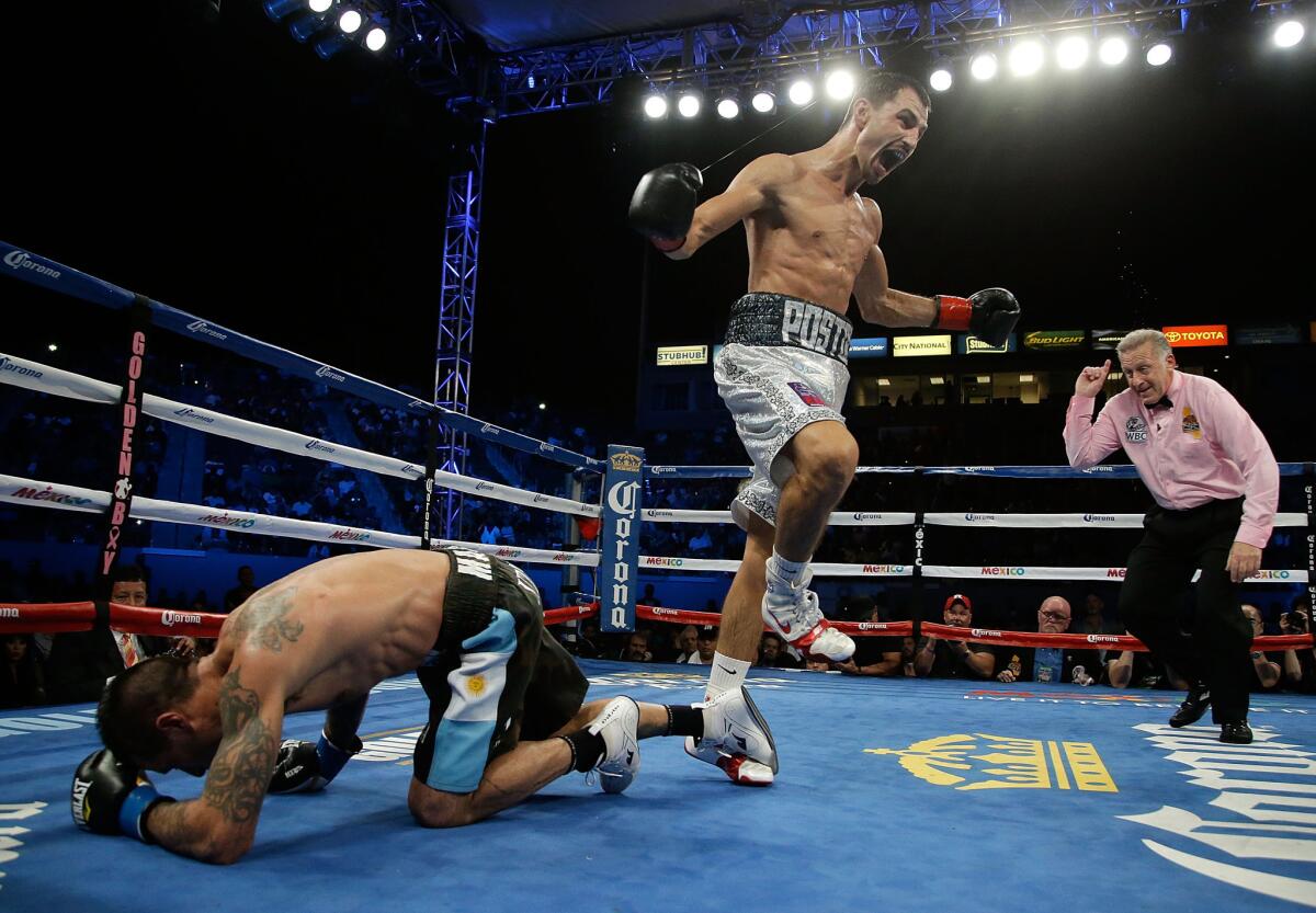 Viktor Postol of the Ukraine celebrates after knocking down Lucas Matthysse of Argentina during a bout at StubHub Center on Oct. 3.