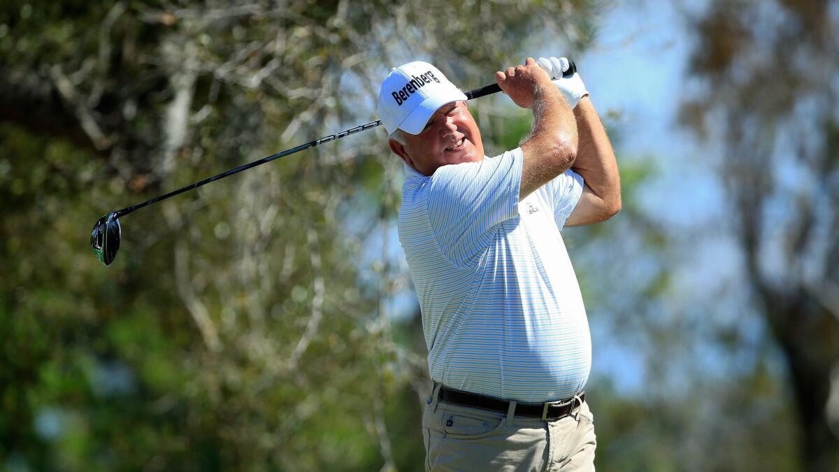Mark O'Meara hits his drive on the 17th hole during the first round of the Chubb Classic at The Classics at Lely Resort on February 15, 2019 in Naples, Florida.