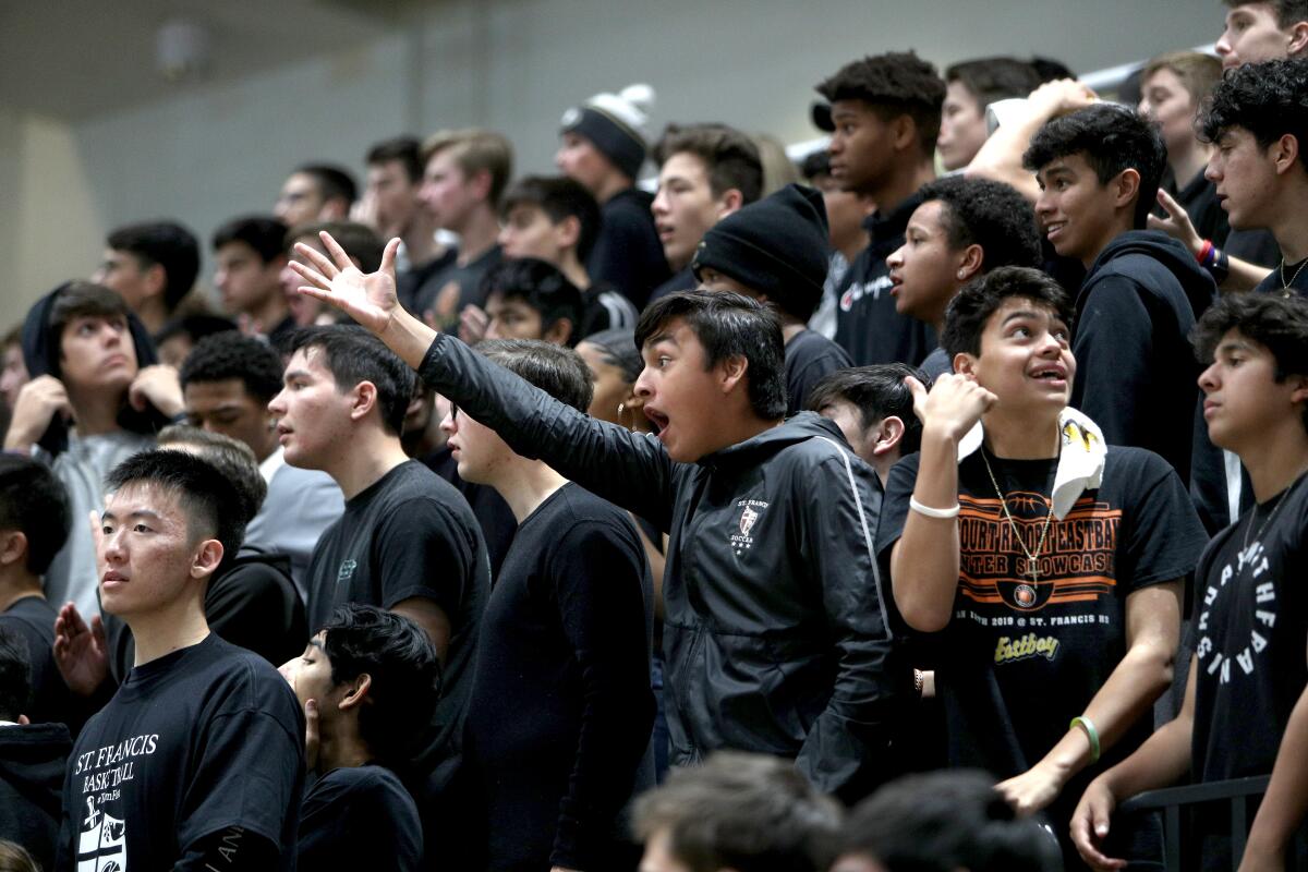 St. Francis fans react during the CIF SS Div. 2AA Basketball Finals vs. Santa Clarita Christian, at Azusa Pacific University in Azusa on Saturday, Feb.29, 2020. SFHS came up short 61-39.