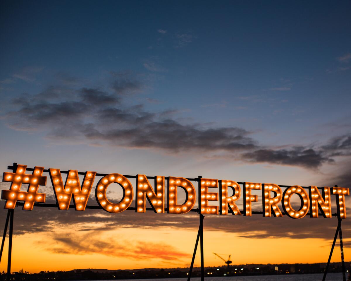 Nighttime lighting at the Wonderfront Festival overlooking San Diego Bay in 2019.