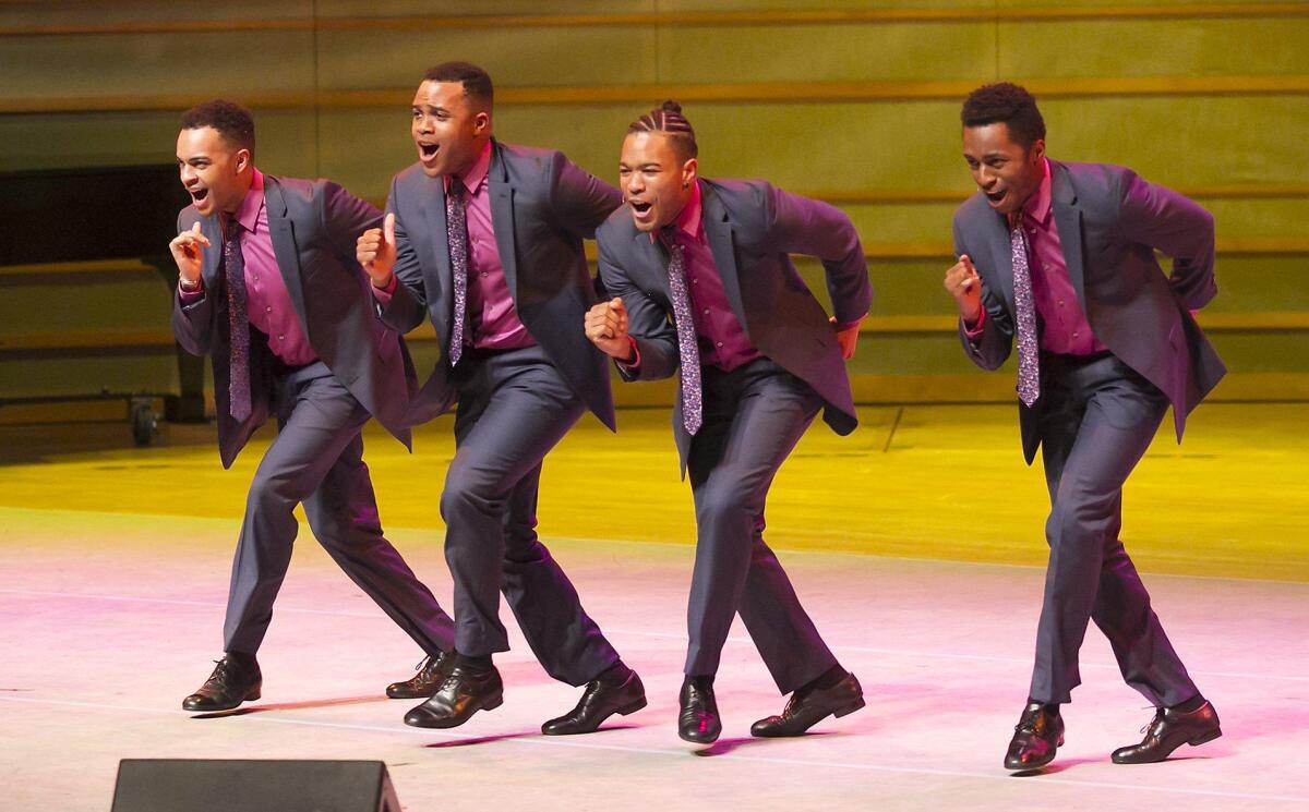 Noah Ricketts, Josh Dawson, Jay McKenzie, and Paris Nix perform “On Broadway” as part of The Drifters vocal group at a season preview night at the Renee and Henry Segerstrom Concert Hall on Monday.
