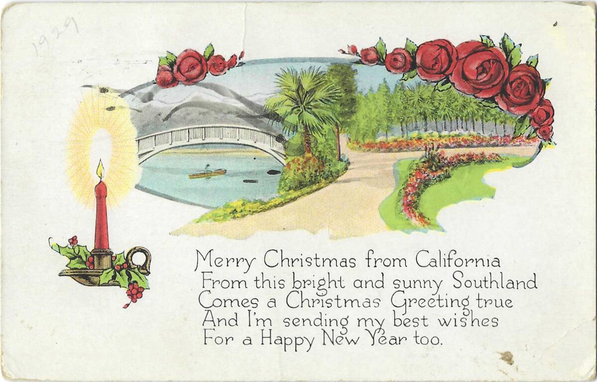 A boat floats under a bridge, a path lined with greenery and flowers, plus a Christmas poem.