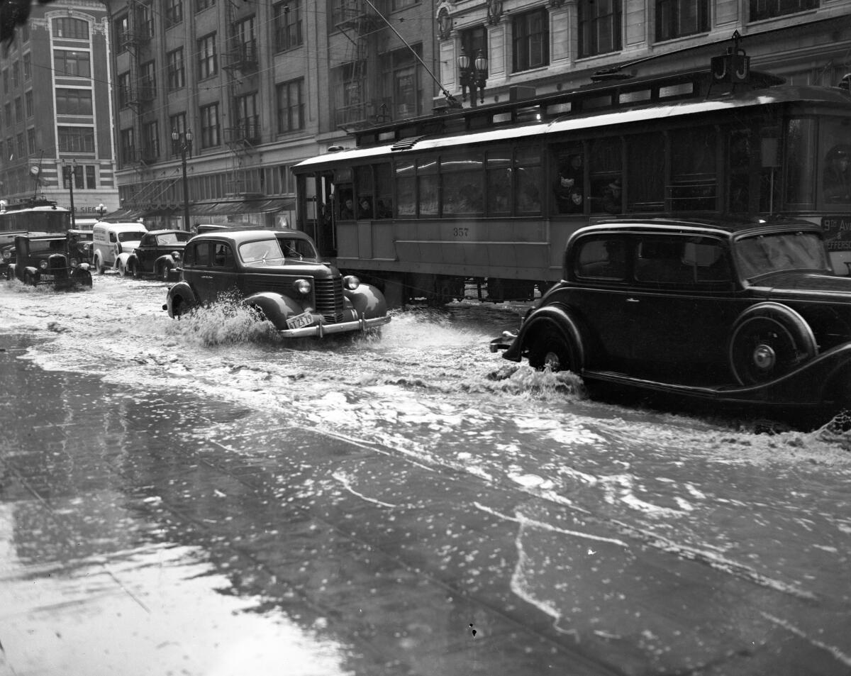 A flooded downtown Los Angeles street in 1938,