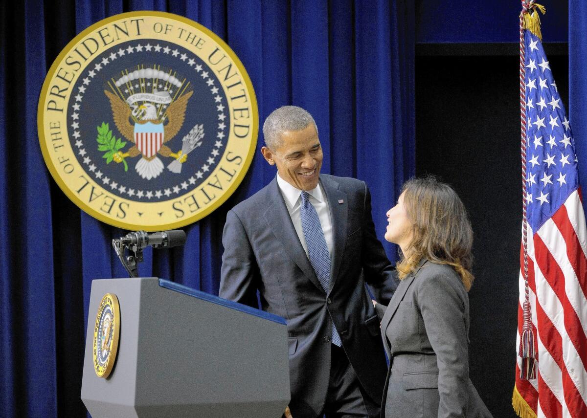 Julie Chavez Rodriguez introduces President Obama before a screening of the film "Cesar Chavez" at the White House.