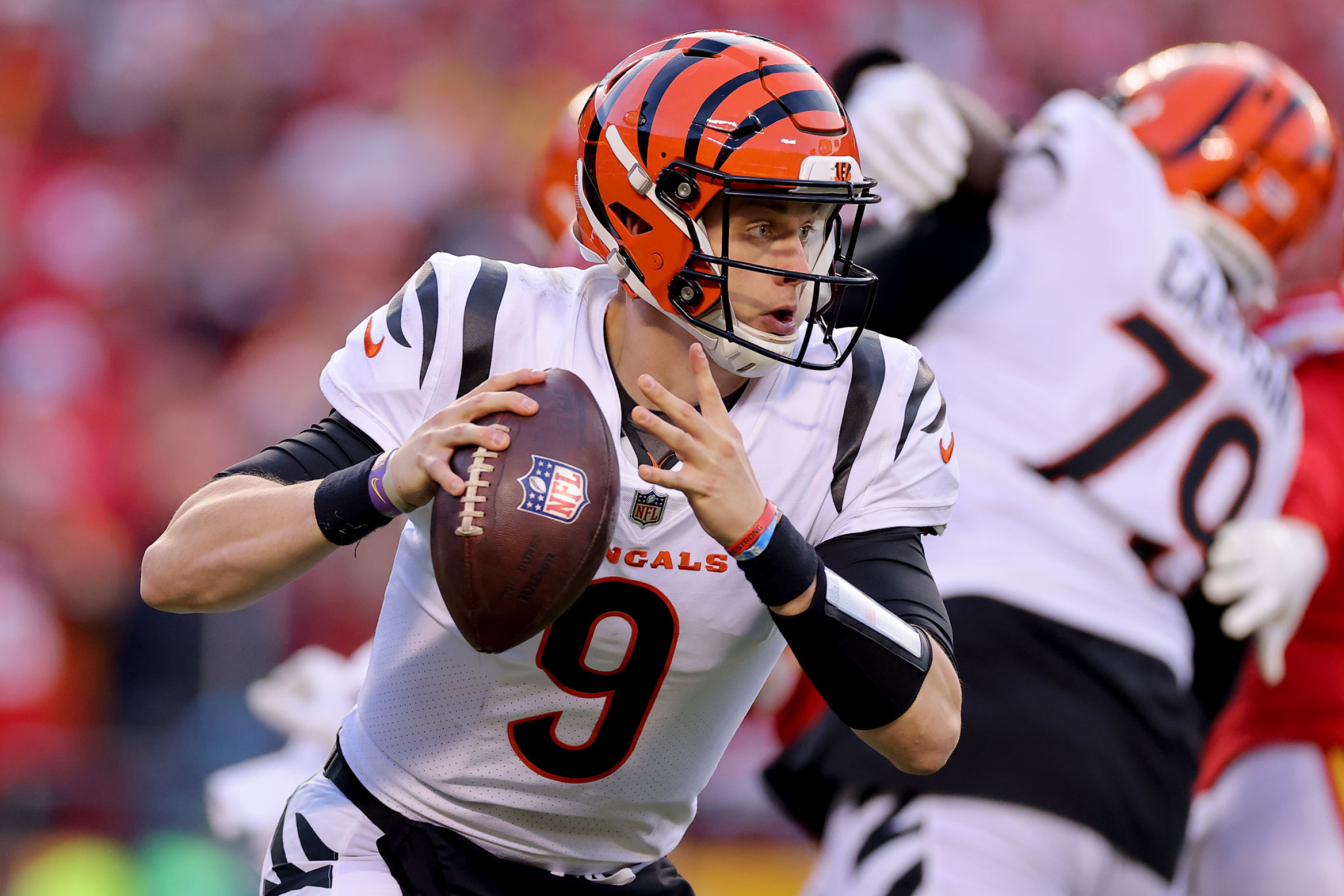 Cincinnati Bengals quarterback Joe Burrow looks to pass during a 27-24 overtime win over the Kansas City Chiefs.