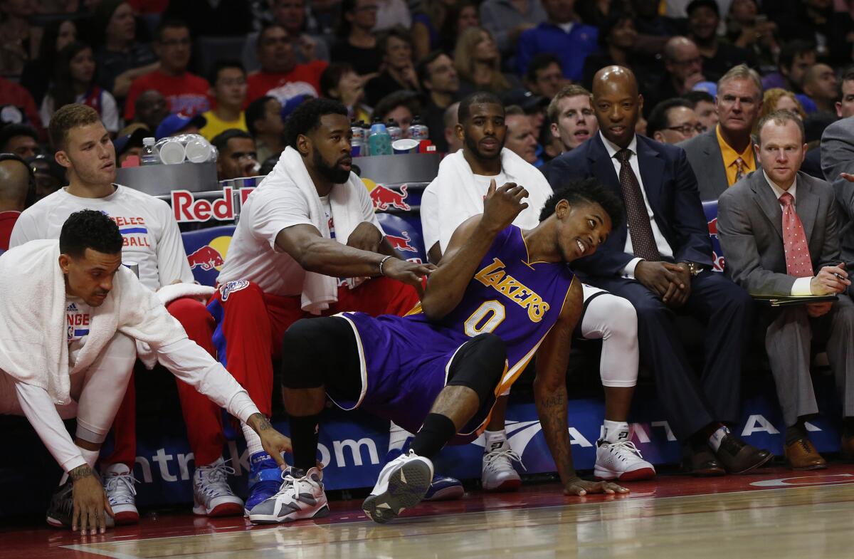The Clippers bench has a little fun with Nick Young as they enjoyed a big lead late in the fourth quarter of their 114-89 win over the Lakers.