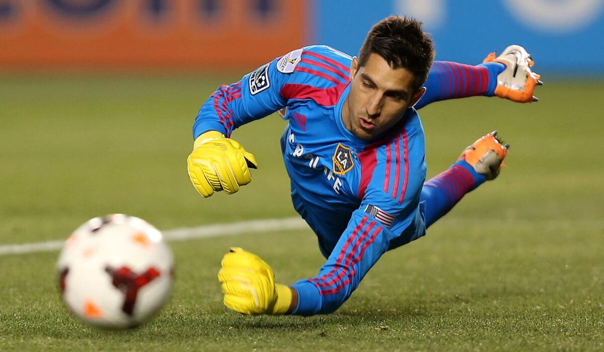 Goalkeeper Jaime Penedo, diving for a shot that went wide during Champions League play last year, is striving to improve his play as the Galaxy try to break their winless streak.
