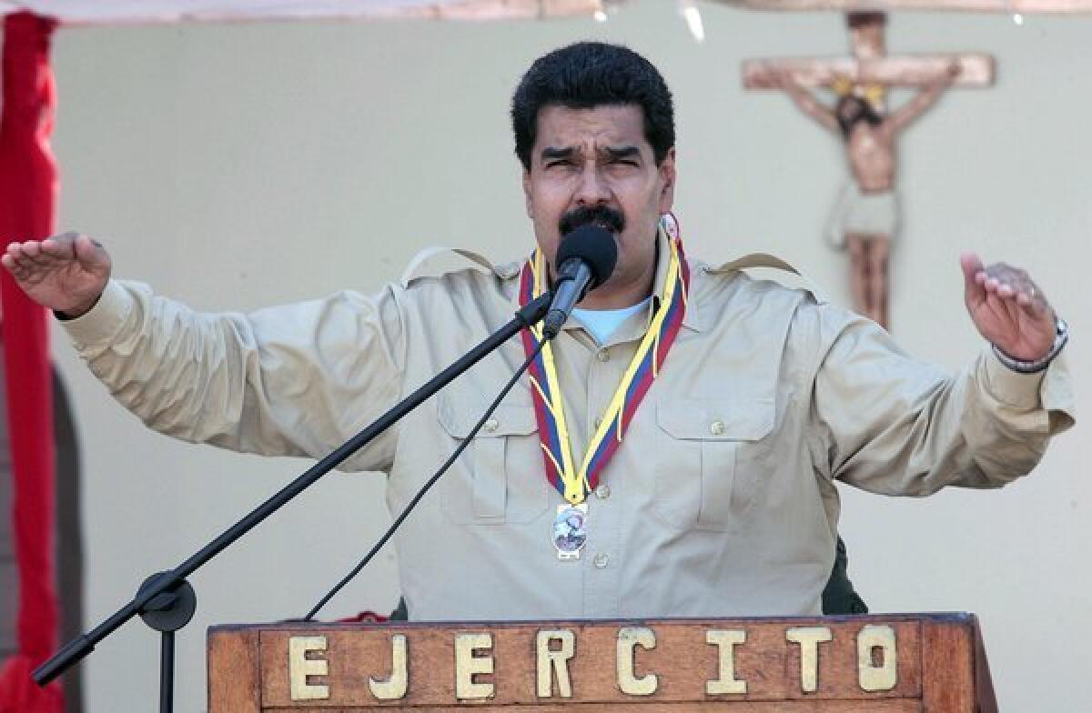 Venezuelan President Nicolas Maduro delivers a speech Monday during a meeting with members of the national army in Falcon state.