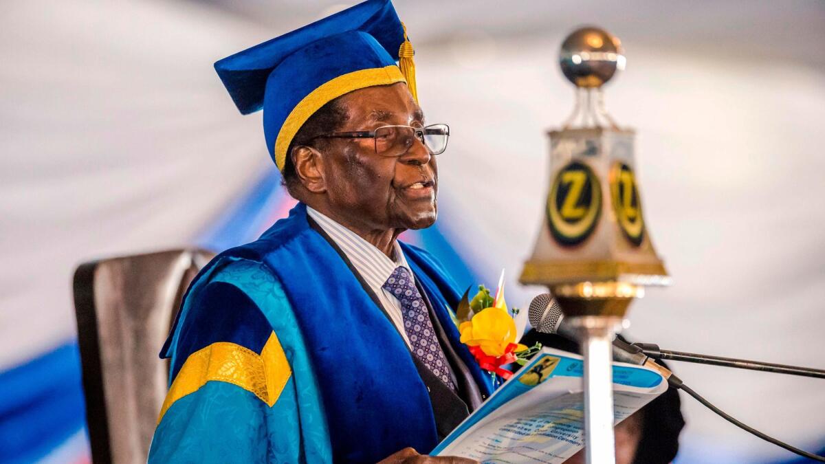 Zimbabwean President Robert Mugabe delivers opening remarks at a graduation ceremony at the Zimbabwe Open University in Harare on Nov. 17.