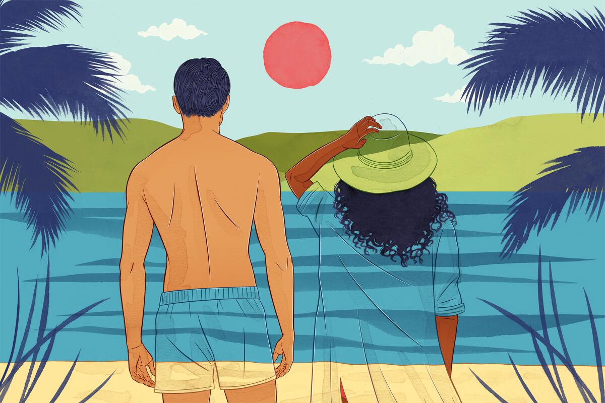 Illustration of a couple gazing at a body of water