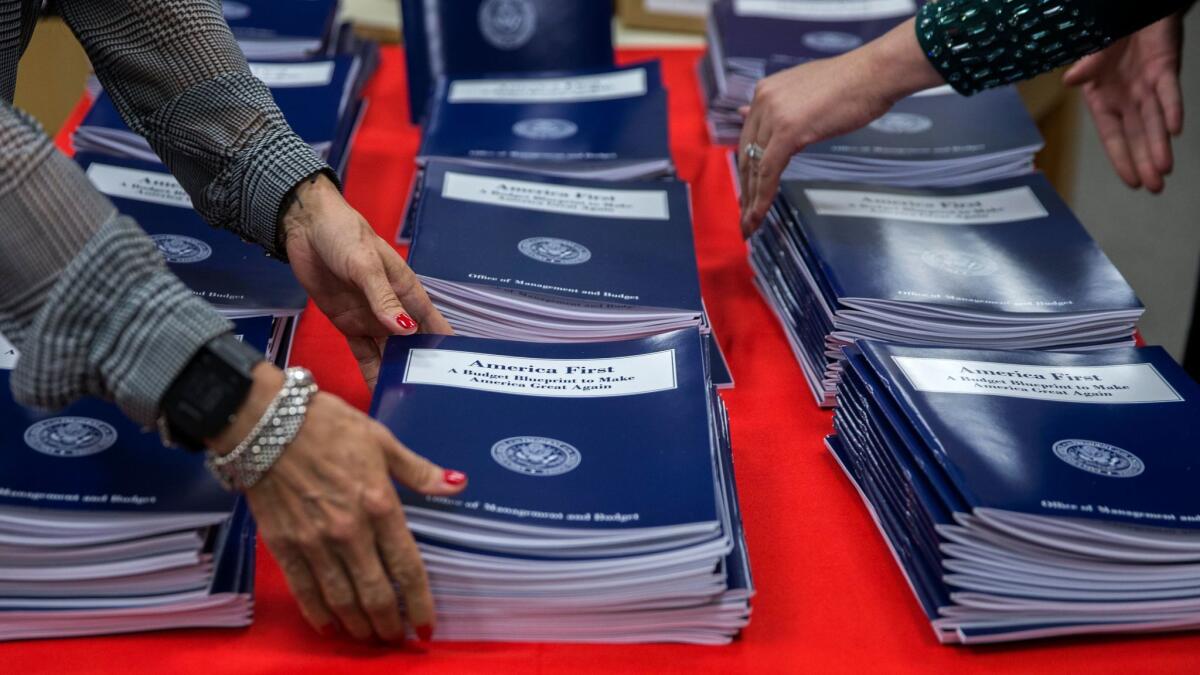 Copies of President Trump's America First budget at the Government Publishing Officebookstore in Washington, D.C. (Shawn Thew / European Press Agency)