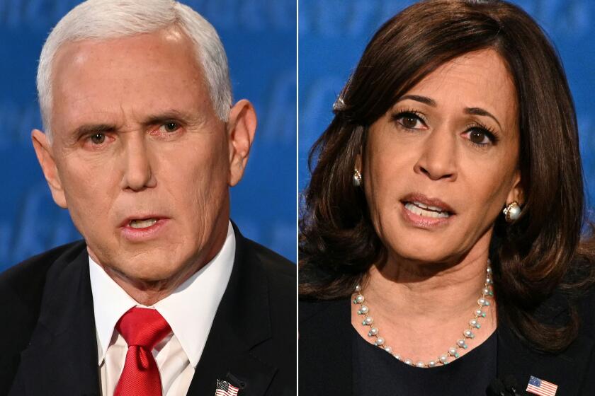 (COMBO) This combination of pictures created on October 07, 2020 shows US Vice President Mike Pence and US Democratic vice presidential nominee and Senator from California Kamala Harris during the vice presidential debate in Kingsbury Hall at the University of Utah on October 7, 2020 in Salt Lake City, Utah. (Photos by Eric BARADAT and Robyn Beck / AFP) (Photo by ERIC BARADAT,ROBYN BECK/AFP via Getty Images)