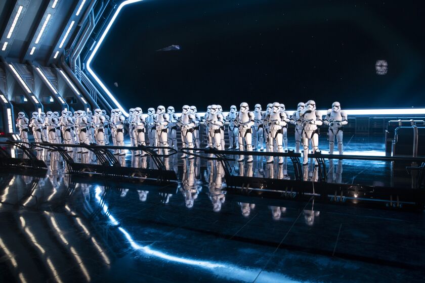 ORLANDO, FL --DECEMBER 03, 2019—On a star destroyer, 50 Stormtroopers greet riders, on Star Wars: Rise of the Resistance, during a press preview at Star Wars: Galaxy’s Edge at Disney’s Hollywood Studios, in Orlando, FL, Dec 03, 2019. The ride, opening this week in Florida and in mid-January in Anaheim, is billed as Disney's most ambitious ride ever and the key to ushering in the crowds to Galaxy's Edge.(Jay L. Clendenin / Los Angeles Times)