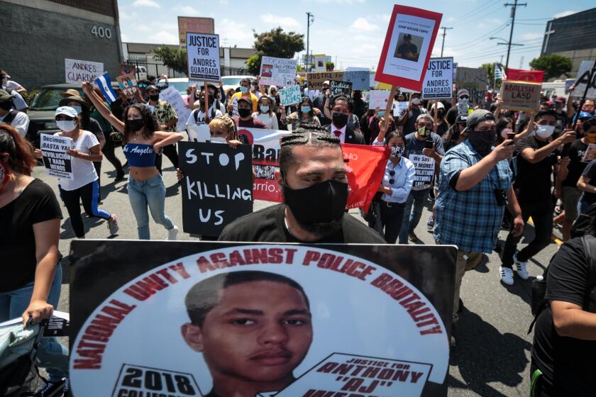 GARDENA, CALIFORNIA - JUNE 21: Hundreds come out to the rally for Andres Guardado, security guard was fatally shot by a Los Angeles County sheriff's deputy on Sunday, June 21, 2020 in Gardena, California. (Jason Armond / Los Angeles Times)