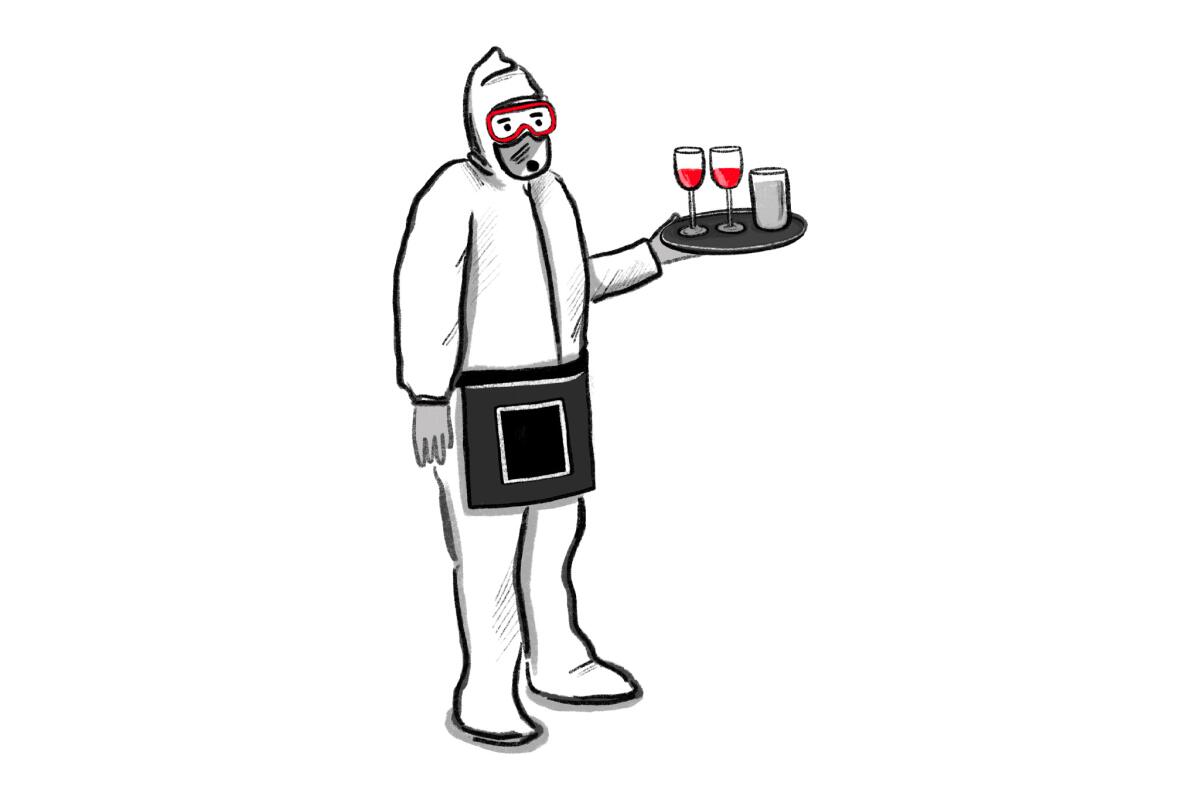 Illustration of a server in hazard suit with a tray of drinks