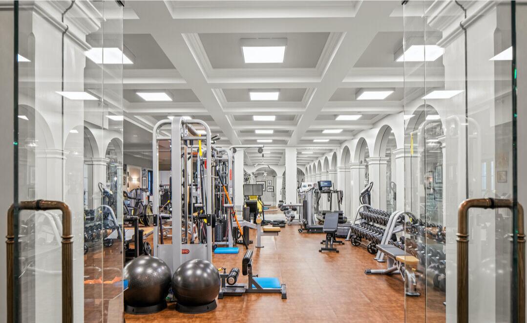 The gym with exercise equipment.
