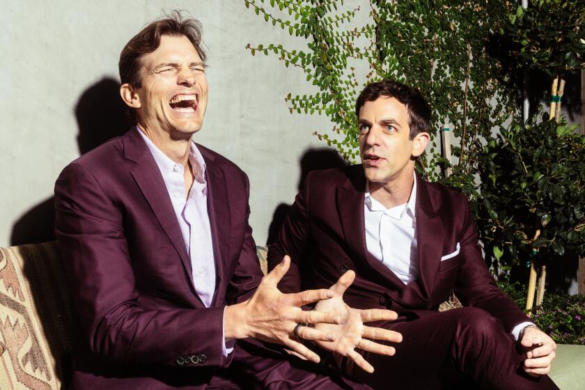 Los Angeles, CA - July 25: BJ Novak and Ashton Kutcher photographed at Ace Hotel, Downtown Los Angeles. (Michael Tyrone Delaney / For The Times)