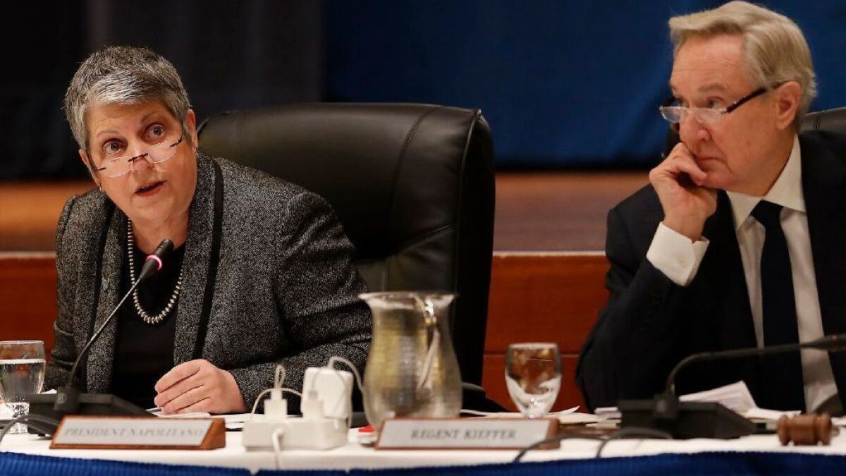 University of California President Janet Napolitano, left, and UC Board of Regents Chairman George Kieffer at a regents meeting.