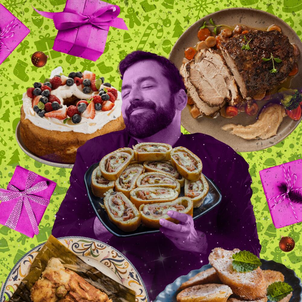 A man holds a plate of food and is surrounded by other dishes