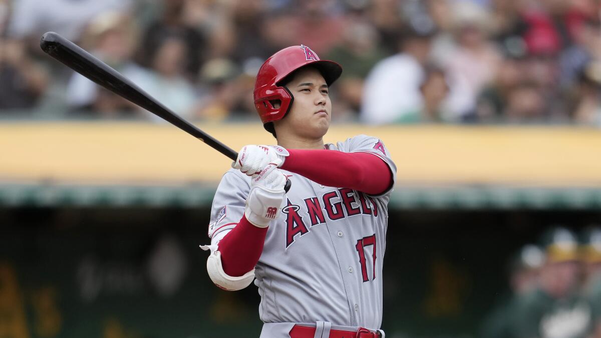 The Angels' Shohei Ohtani bats against the Athletics on Sept. 2 in Oakland.
