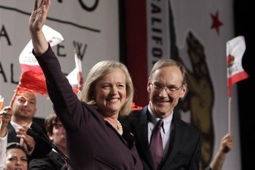 Republican gubernatorial candidate Meg Whitman and her husband Griffith Harsh IV, right, celebrate after winning the Republican nomination for California governor during an election night gathering in Los Angeles, Tuesday, June 8, 2010.