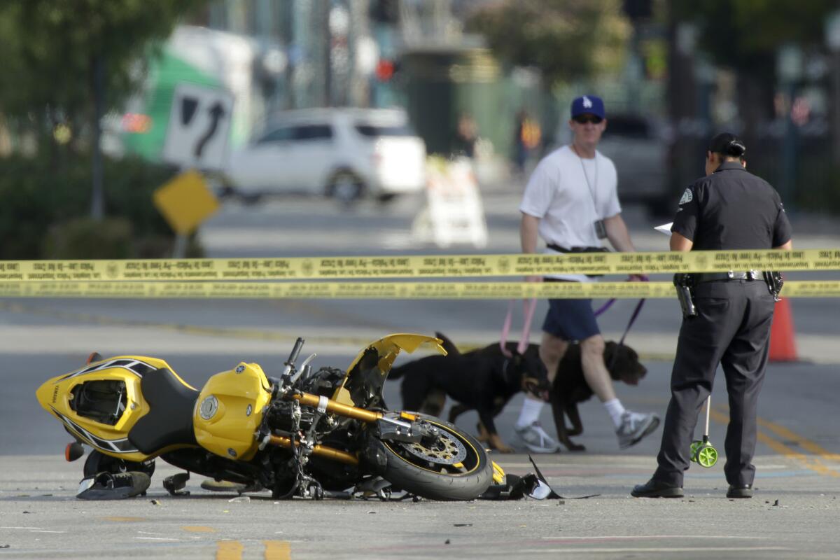 A man walks by with his dogs as an LAPD officer investigates an incident Saturday morning in North Hollywood where a car crashed into a motorcyclist.