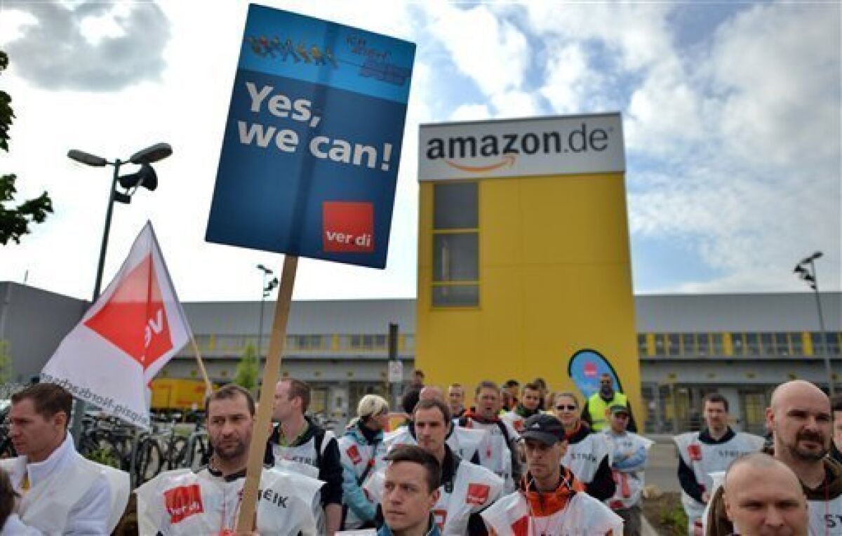 Amazon workers on strike in Leipzig in May. German employees of the e-commerce giant are striking again Monday for better wages.