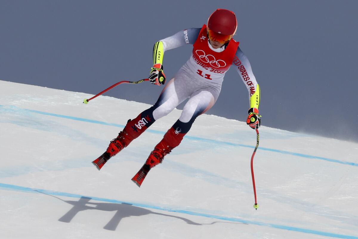 U.S. Alpine skier Mikaela Shiffrin competes in super-G at the Beijing Olympics on Friday.