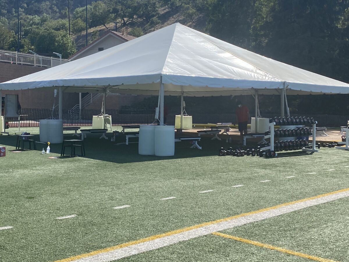 The makeshift outside weight-training facility at Harvard-Westlake to deal with COVID-19 restrictions.