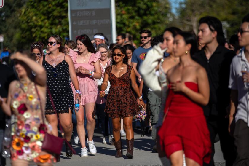 Inglewood, CA - August 03: Taylor Swift fans arrive at SoFi Stadium on Thursday, Aug. 3, 2023, in Inglewood, CA. Taylor Swift's fans arrive for the first of six sold-out Taylor Swift's Eras tour at SoFi Stadium. (Francine Orr / Los Angeles Times)