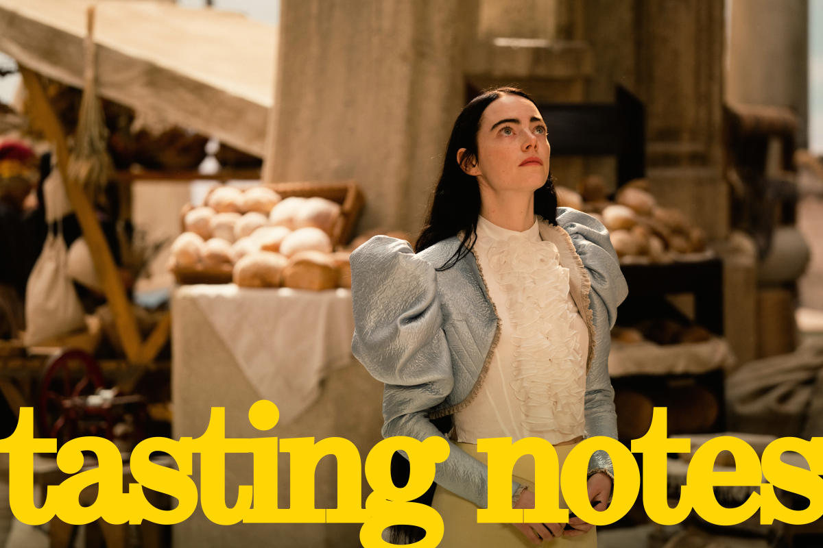 Emma Stone's Bella Baxter exploring Lisbon in "Poor Things."