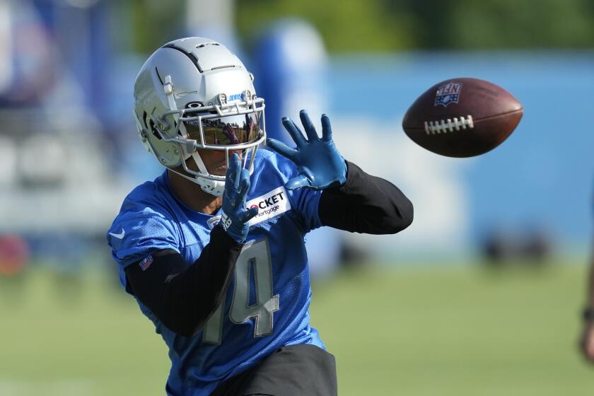 Detroit Lions wide receiver Amon-Ra St. Brown (14) catches a pass during an NFL football practice in Allen Park, Mich., Monday, July 24, 2023. (AP Photo/Paul Sancya)