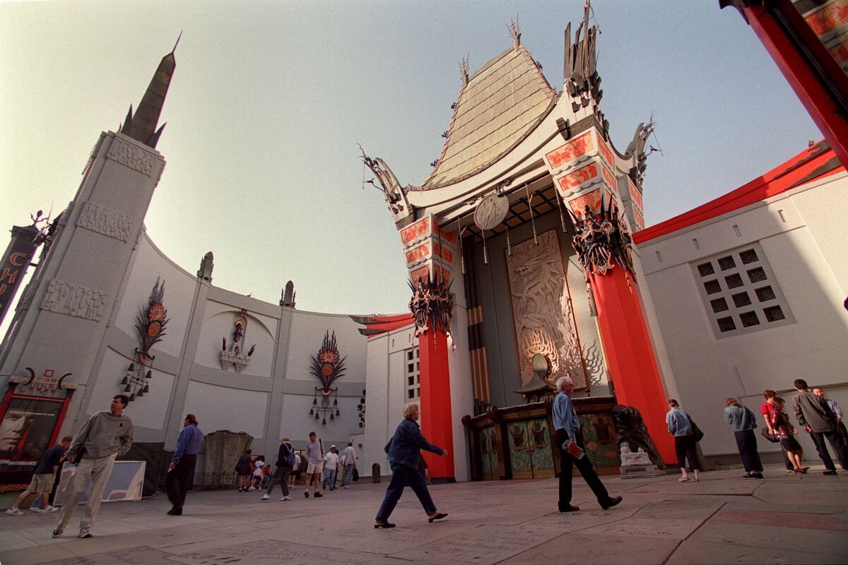 TCL Chinese Theatre with people walking in its famous forecourt and looking at the handprints and footprints in the cement