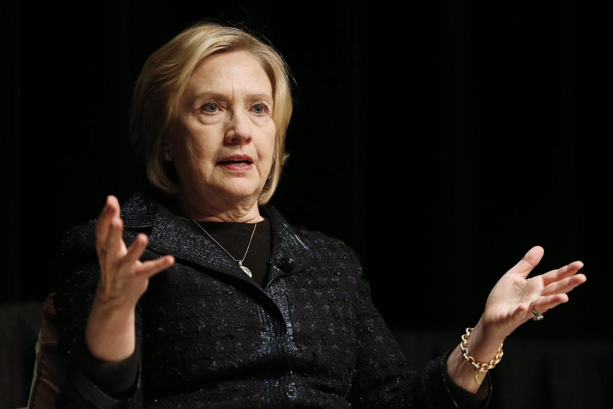 Former Secretary of State Hillary Rodham Clinton speaks in Winnipeg, Canada, where she warned of the dangers of extremist ideologies in the Muslim world.