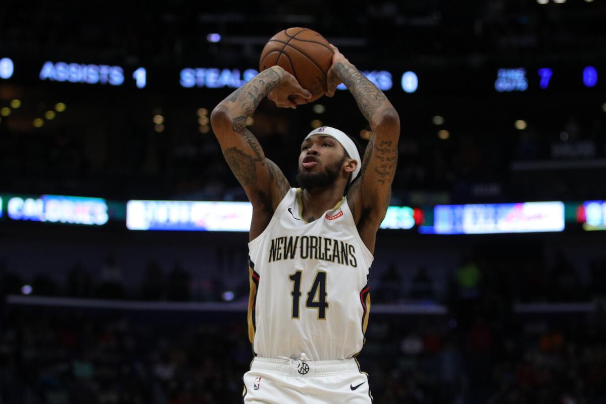 Pelicans forward Brandon Ingram takes a shot against the Rockets during a game Dec. 29, 2019, in New Orleans.