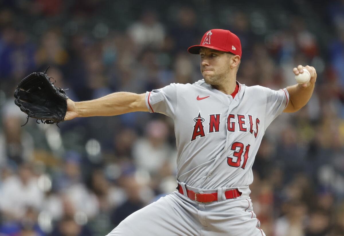 Angels starter Tyler Anderson pitches against the Milwaukee Brewers on April 28, 2023.