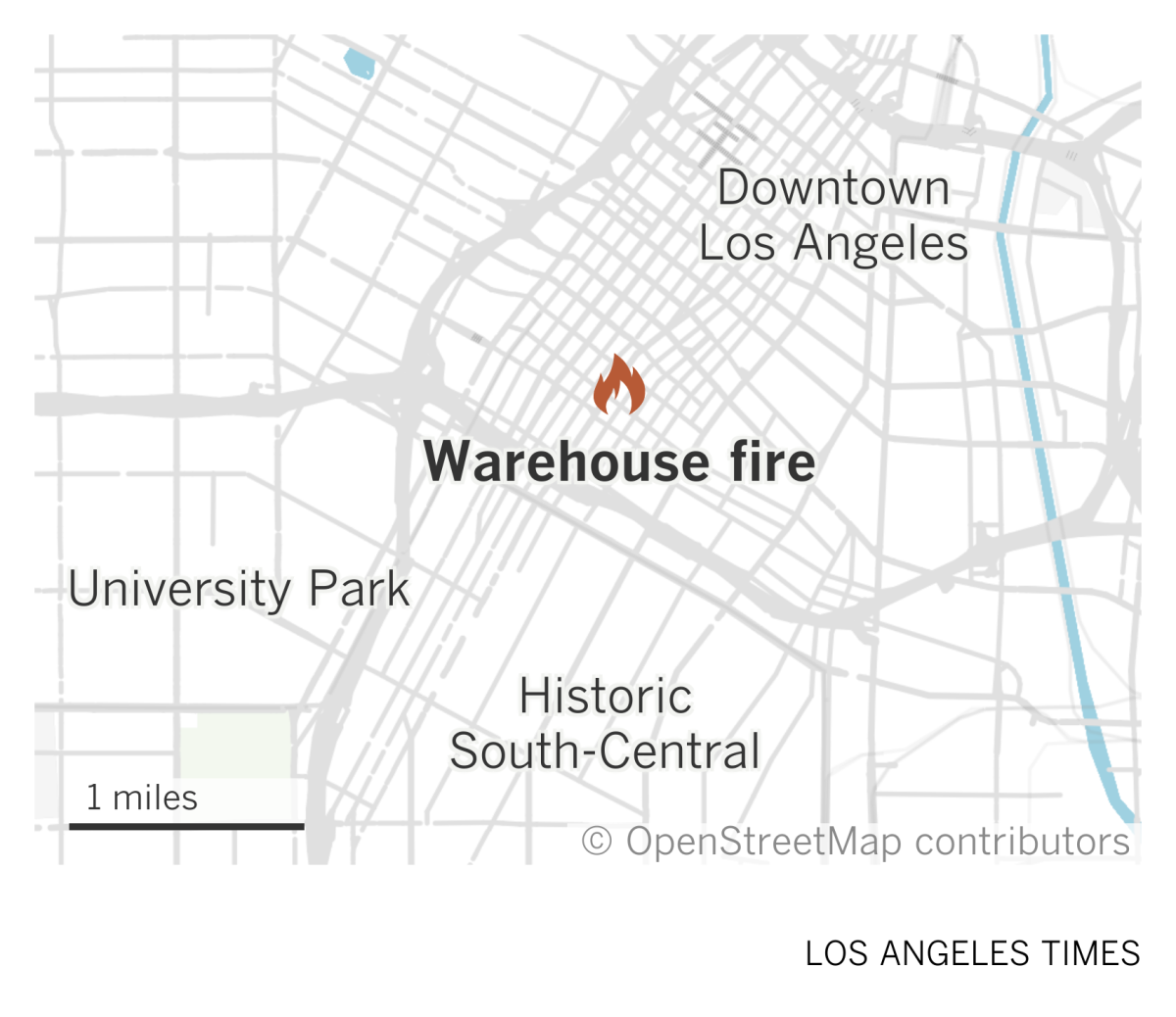 A map of Los Angeles showing the location of a warehouse fire downtown