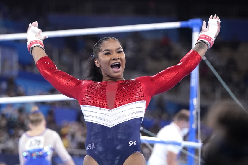 U.S. gymnast Jordan Chiles celebrates her performance on the uneven bars during the artistic gymnastics women's final.