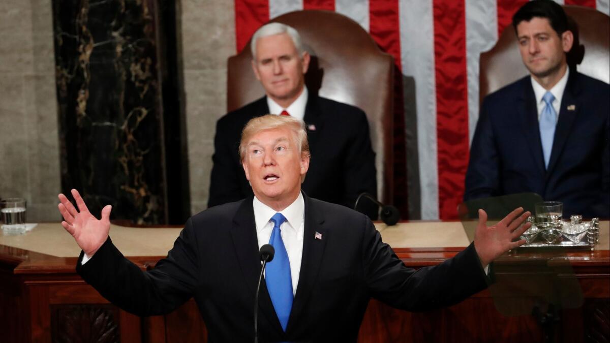 President Donald Trump delivers his State of the Union address to a joint session of Congress in Washington on Jan. 30.