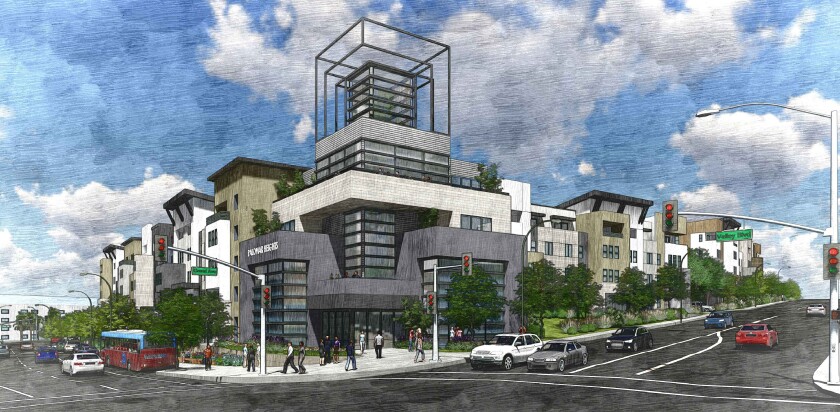 Rendering of one side of the proposed Palomar Heights development in downtown Escondido.